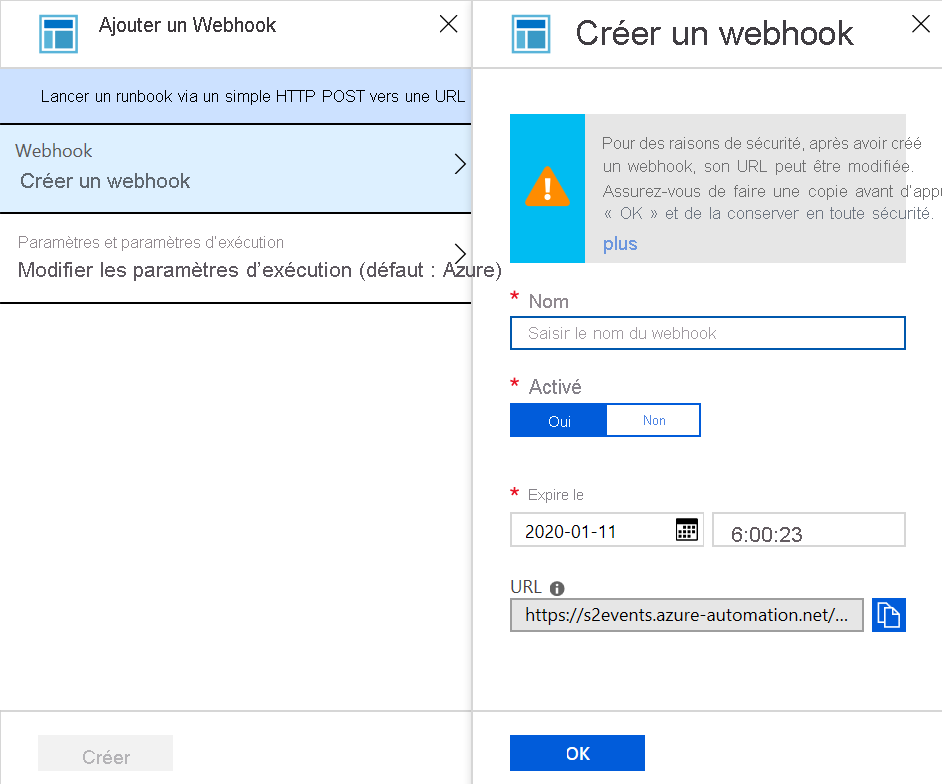 Capture d’écran d’un avertissement expliquant qu’après la création d’un webhook, son URL ne peut plus être affichée. Copiez-la avant d’appuyer sur OK.
