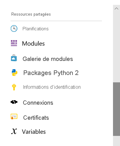 Screenshot of the shared resources section in the Azure Automation account pane. Eight shared resources display, Schedules, Modules, Modules gallery, Python 2 packages, Credentials, Connections, Certificates, and Variables.