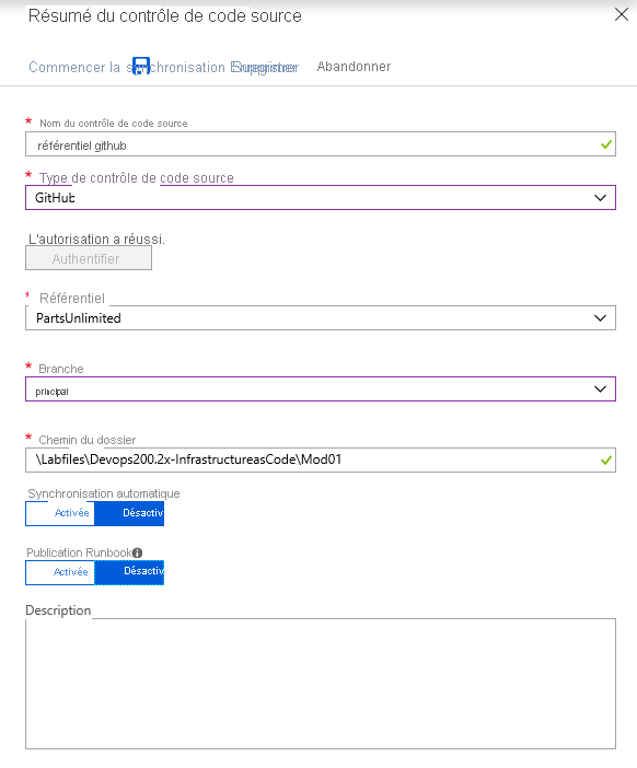 Capture d’écran du volet Résumé du contrôle de code source contenant les champs et détails à renseigner.