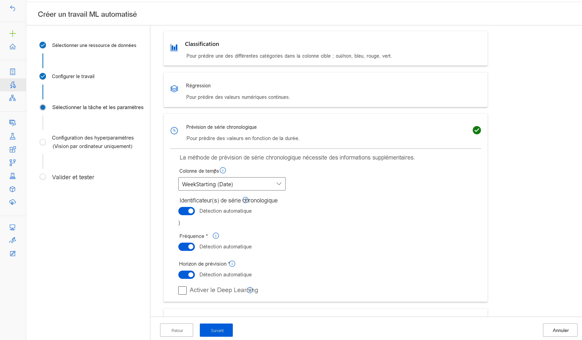 Capture d’écran d’une sélection de tâches lors de la configuration du Machine Learning automatisé.