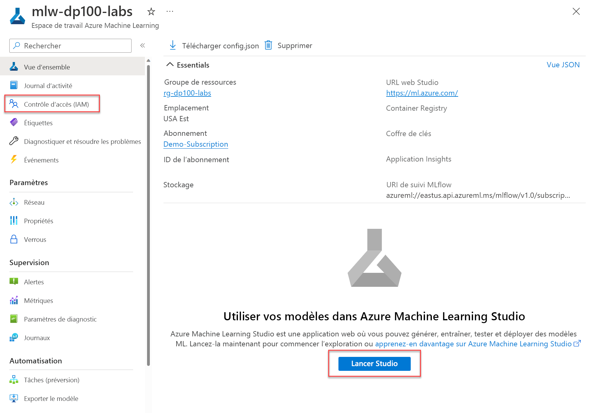 Capture d’écran de la page de présentation de l’espace de travail Azure Machine Learning sur le Portail Azure.