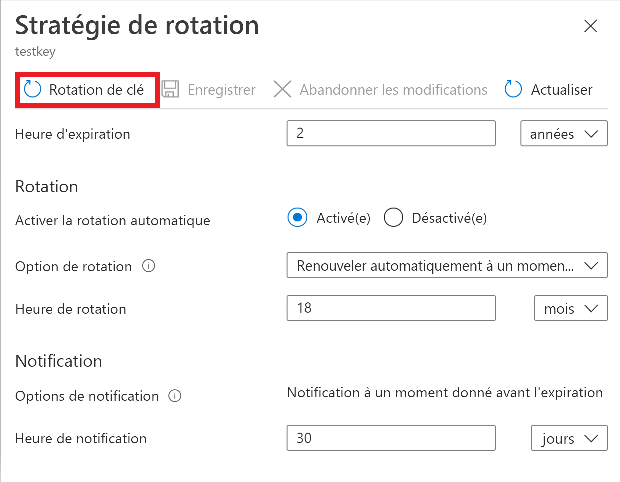 Capture d’écran montrant comment appeler une stratégie de rotation de clé.