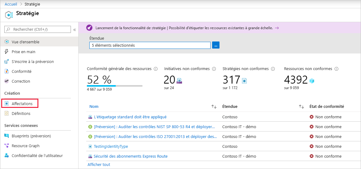 Capture d’écran montrant comment configurer des affectations dans la page Stratégie.