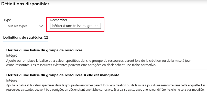 Capture d’écran montrant comment afficher les types de définitions de stratégie Azure disponibles.