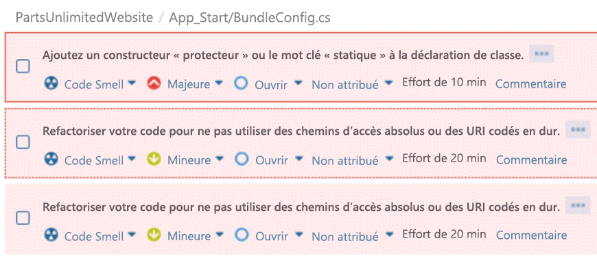 Capture d’écran du projet Parts Unlimited. Les suggestions et les estimations du temps nécessaire à l’application d’une solution sont indiquées.