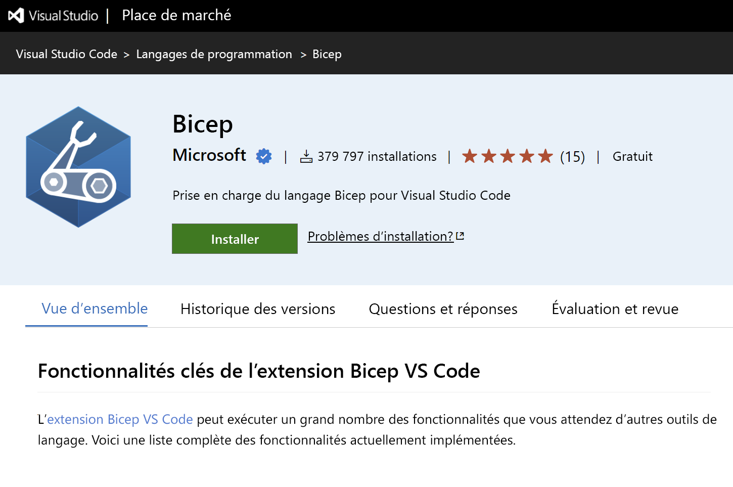 Capture d’écran de l’extension Bicep du Marketplace VS Code.