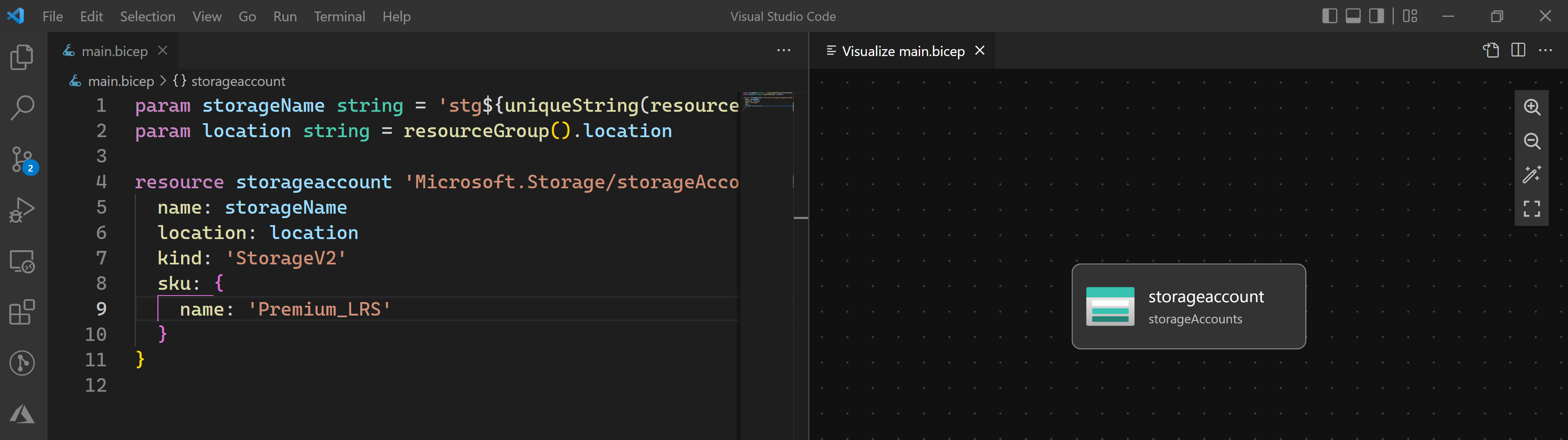 Capture d’écran de la fonctionnalité VS Code permettant de faire une représentation des ressources Bicep.