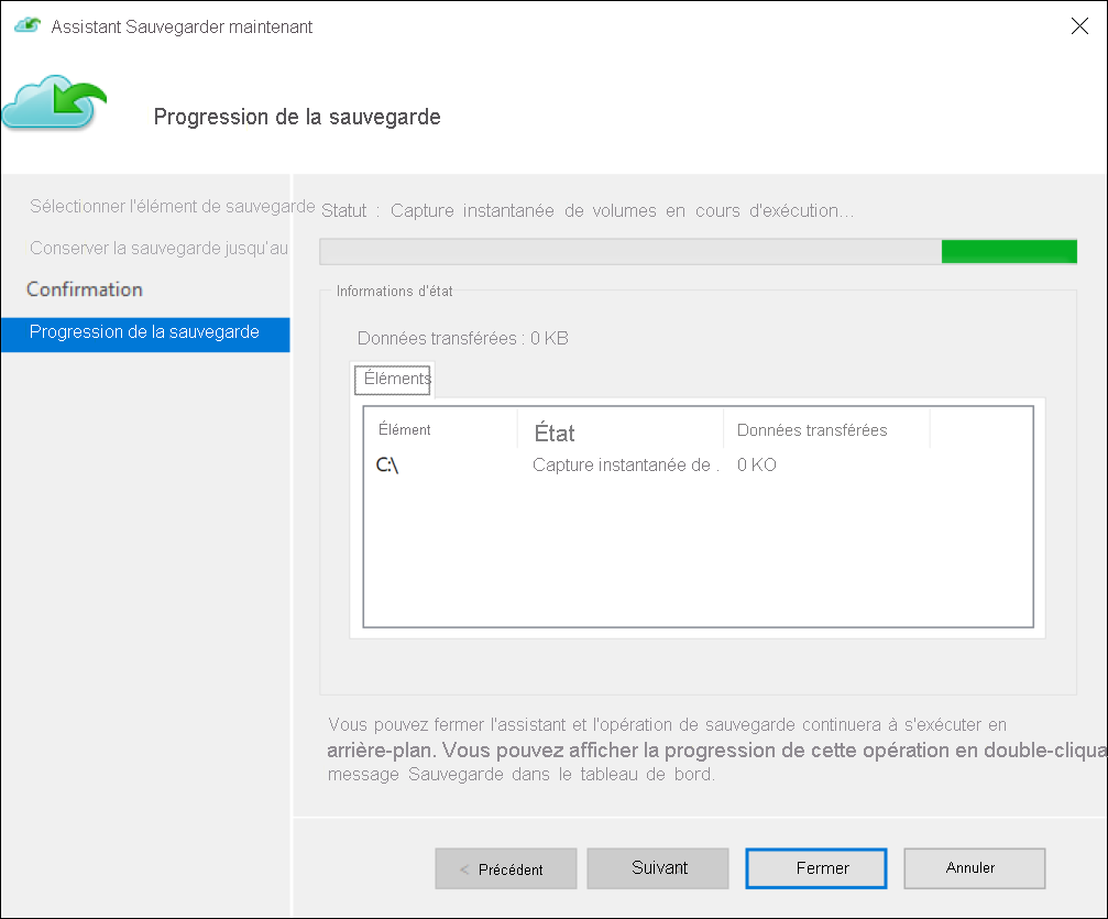 Capture d’écran de la boîte de dialogue Progression de la sauvegarde. Une sauvegarde a été lancée par l’administrateur.