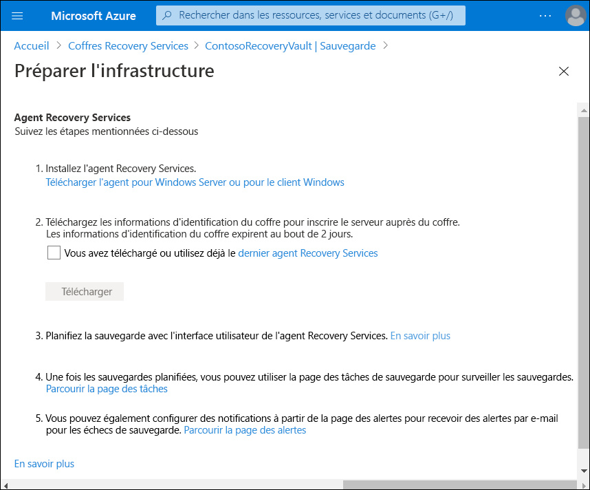 Capture d’écran du panneau Préparer l’infrastructure dans le portail Azure. L’étape 1 fournit un lien pour télécharger l’agent MARS Recovery Services.