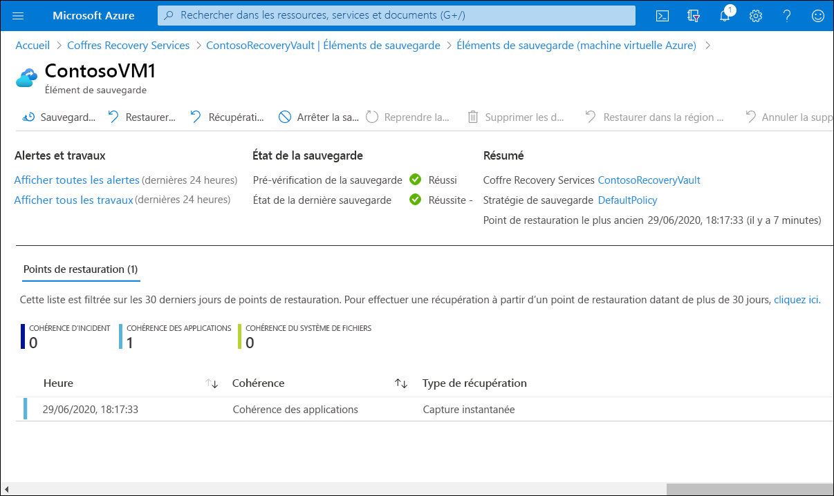 Capture d’écran du panneau ContosoVM1 | Élément de sauvegarde dans le portail Azure. Un point de restauration est listé.