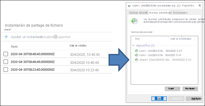 Capture d’écran des instantanés de partage de fichiers, avec trois instantanés. L’onglet Versions précédentes du partage de fichiers Azure comporte les trois mêmes instantanés listés.