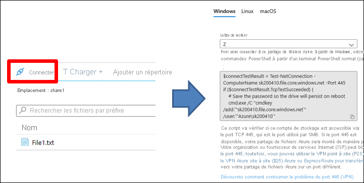 Capture d’écran du script fourni par le portail Azure pour la connexion à un partage de fichiers Azure. Connecter est sélectionné.