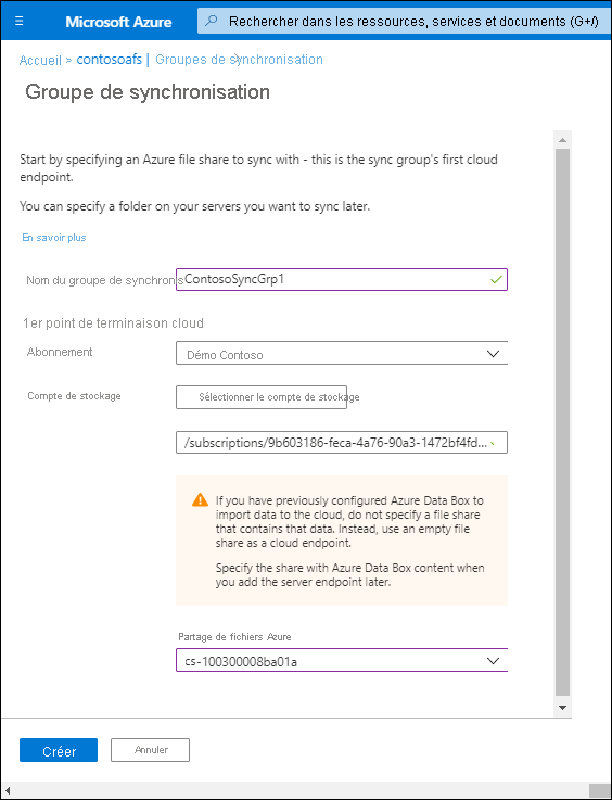 Capture d’écran de la page Groupe de synchronisation dans le portail Azure. Le nom du groupe de synchronisation est ContosoSyncGrp1. Les valeurs du compte Stockage et du partage de fichiers Azure sont configurées.