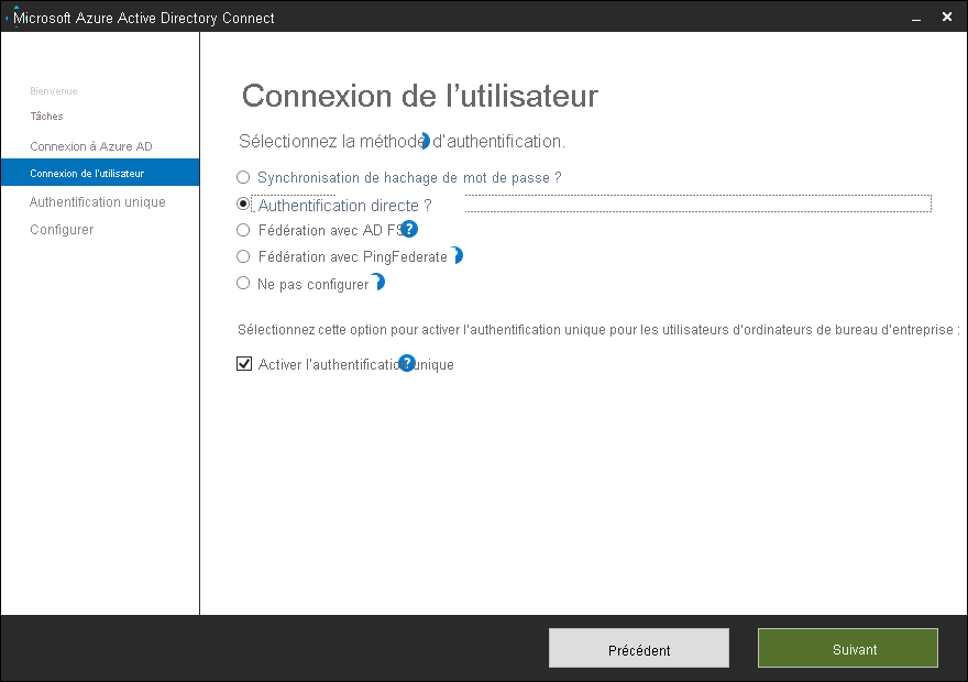 Capture d’écran de l’Assistant Configuration de Microsoft Entra Connect, page Connexion utilisateur. L’administrateur a sélectionné l’authentification directe et a coché la case Activer l’authentification unique.