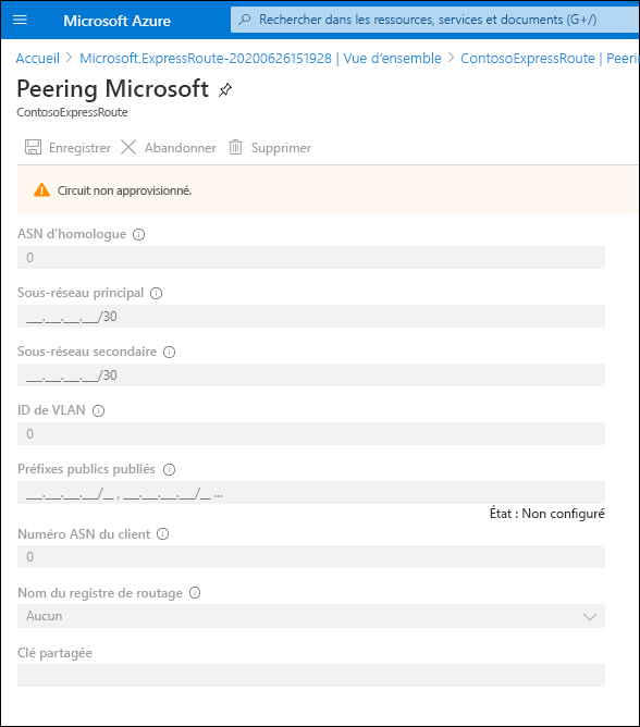 Capture d’écran du panneau pour le peering Microsoft.. Aucune valeur ne peut être configurée, car le circuit n’est pas approvisionné. Toutefois, les valeurs configurables sont celles qui ont déjà été décrites.