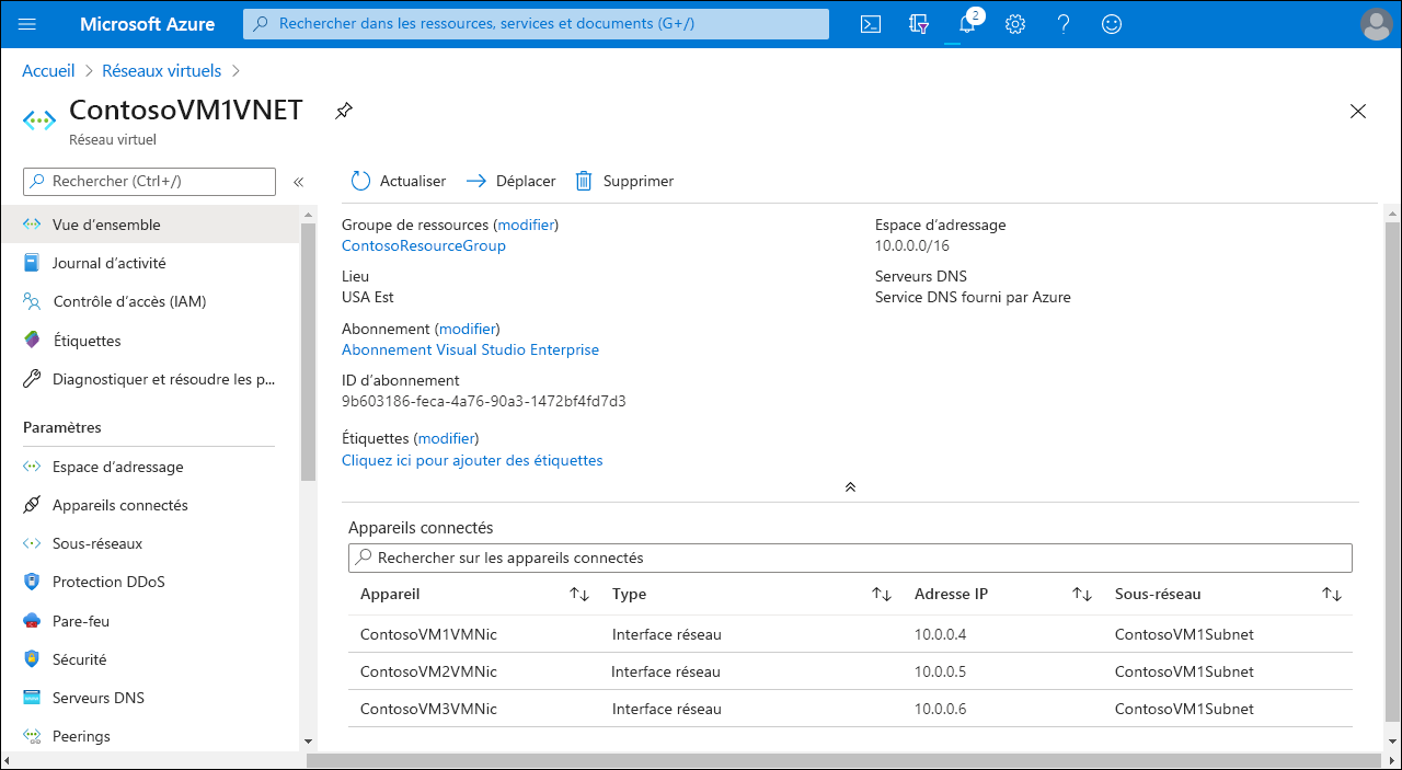 Capture d’écran de la page Vue d’ensemble dans le portail Azure, qui montre l’interface d’un VNet appelé ContosoVM1VNET. Trois appareils connectés sont listés : ContosoVM1VMNIC, ContosoVM2VMNIC et ContosoVM3VMNIC.