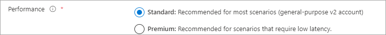 Capture d’écran de la case d’option Performances avec la sélection de Standard, et la sélection de storagev2 pour le Type de compte.