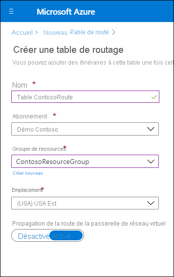 Capture d’écran de la page Créer une table de routage dans le portail Azure. L’administrateur a défini le nom sur ContosoRouteTable et sélectionné Activé pour la valeur de propagation de route de la passerelle de réseau virtuel.