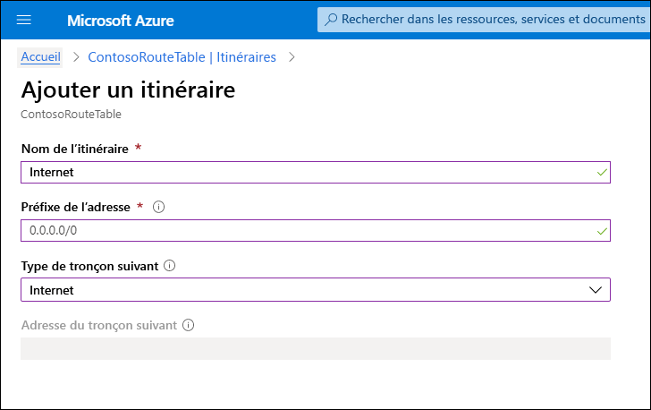 Capture d’écran de la page Ajouter une route dans le portail Azure. L’administrateur a défini le nom de route sur Internet, le préfixe d’adresse 0.0.0.0/0 et le type Tronçon suivant sur Internet. 