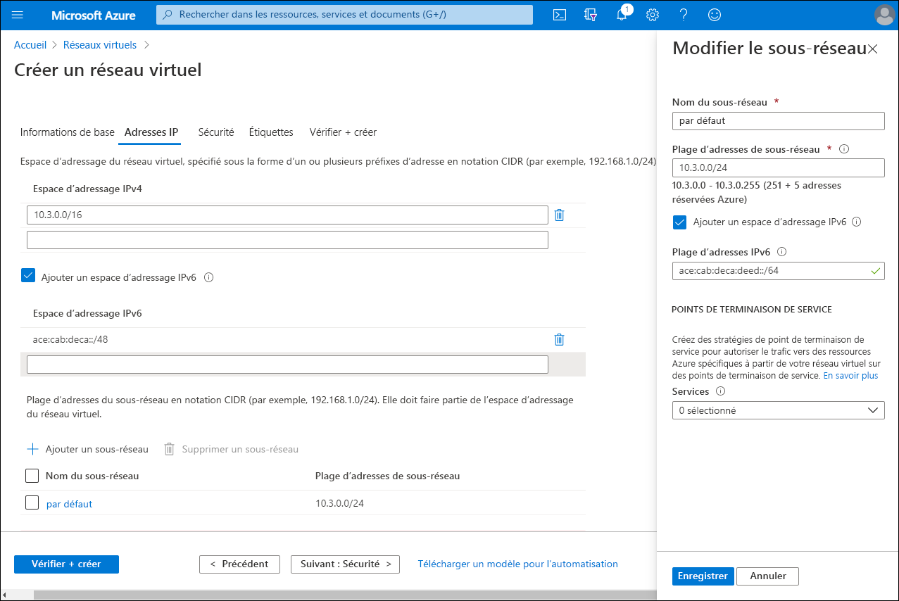 Capture d’écran de la page Créer un réseau virtuel dans le Portail Azure. L’administrateur a sélectionné l’onglet Adresses IP et la case à cocher Ajouter un espace d’adressage IPv6. Dans le panneau Modifier le sous-réseau, l’administrateur a entré une plage d’adresses IPv6.