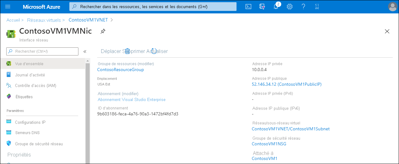 Capture d’écran de la page ContosoVM1VMNic dans le portail Azure. L’adresse IP privée (10.0.0.4) et l’adresse IP publique (52.146.34.12) (ContosoVM1PublicIP) sont affichées.