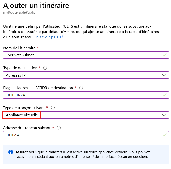 Capture d’écran de la page de routage. La liste déroulante Type de tronçon suivant est mise en évidence. Une appliance virtuelle est sélectionnée.