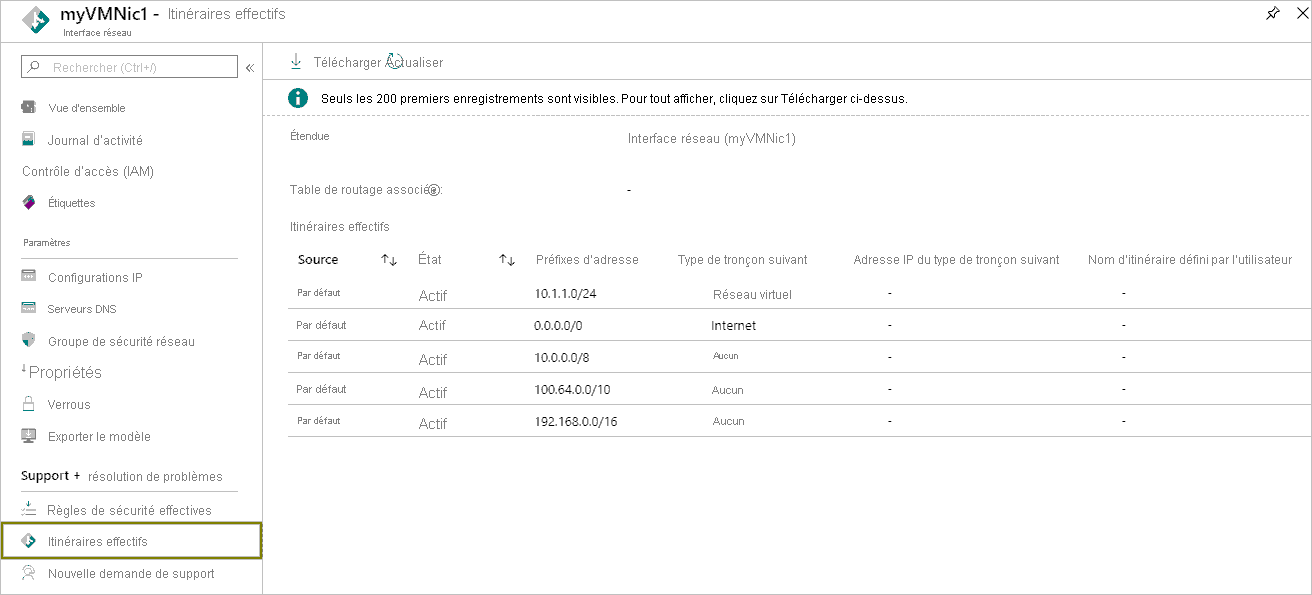 Capture d’écran des routages effectifs dans le portail Azure.