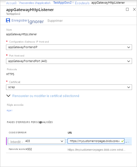 Capture d’écran de la configuration de l’écouteur Application Gateway.