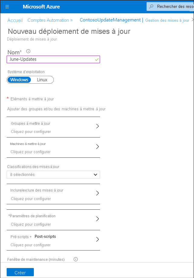 Capture d’écran du panneau Nouveau déploiement de mise à jour dans le portail Azure. L’administrateur ajoute une nouvelle mise à jour appelée June-Updates.