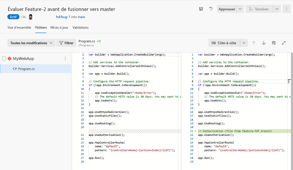 Capture d’écran de l’extension de résolution de conflits de fusion de la demande de tirage (pull request) Git.