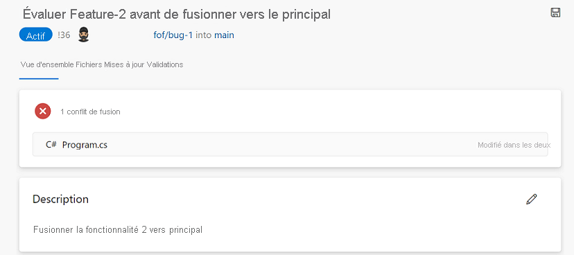 Capture d’écran des conflits de fusion de la demande de tirage.