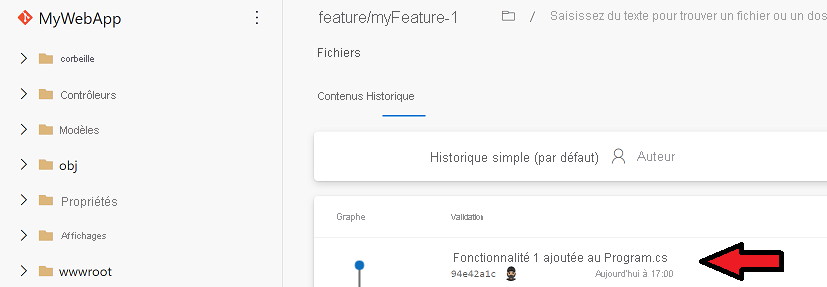 Capture d’écran de l’historique des modifications du dépôt distant.