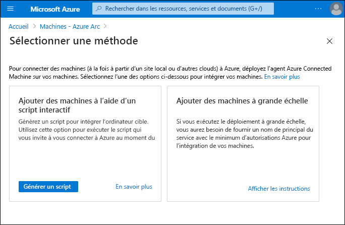 Capture d’écran de la page Sélectionner une méthode du nœud Azure Arc Machines. Deux options sont disponibles : ajouter des machines à l’aide d’un script interactif et ajouter des machines à l’échelle.