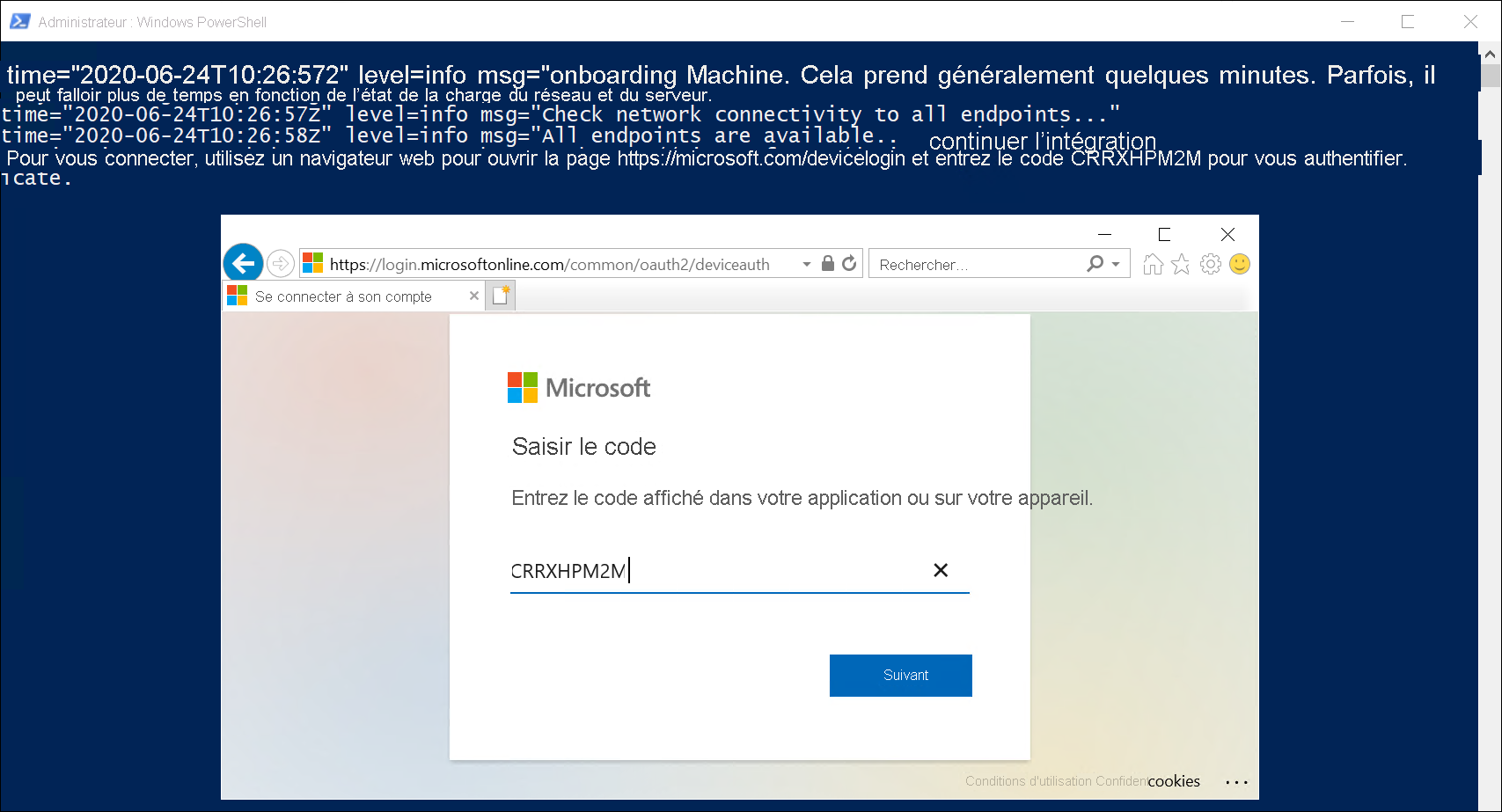 Capture d’écran de la fenêtre Administrateur : Windows PowerShell avec le script d’installation en cours d’exécution. L’administrateur saisit un code de sécurité pour confirmer son intention d’intégrer la machine.