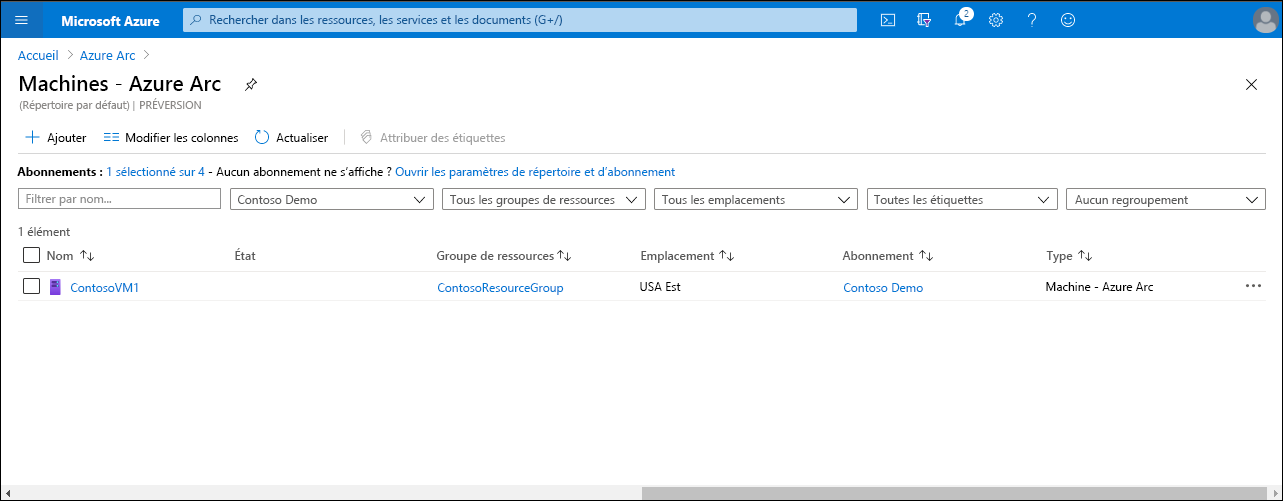 Capture d’écran montrant la page Machines – Azure Arc dans le portail Azure. Un seul ordinateur, ContosoVM1, figure dans la liste.