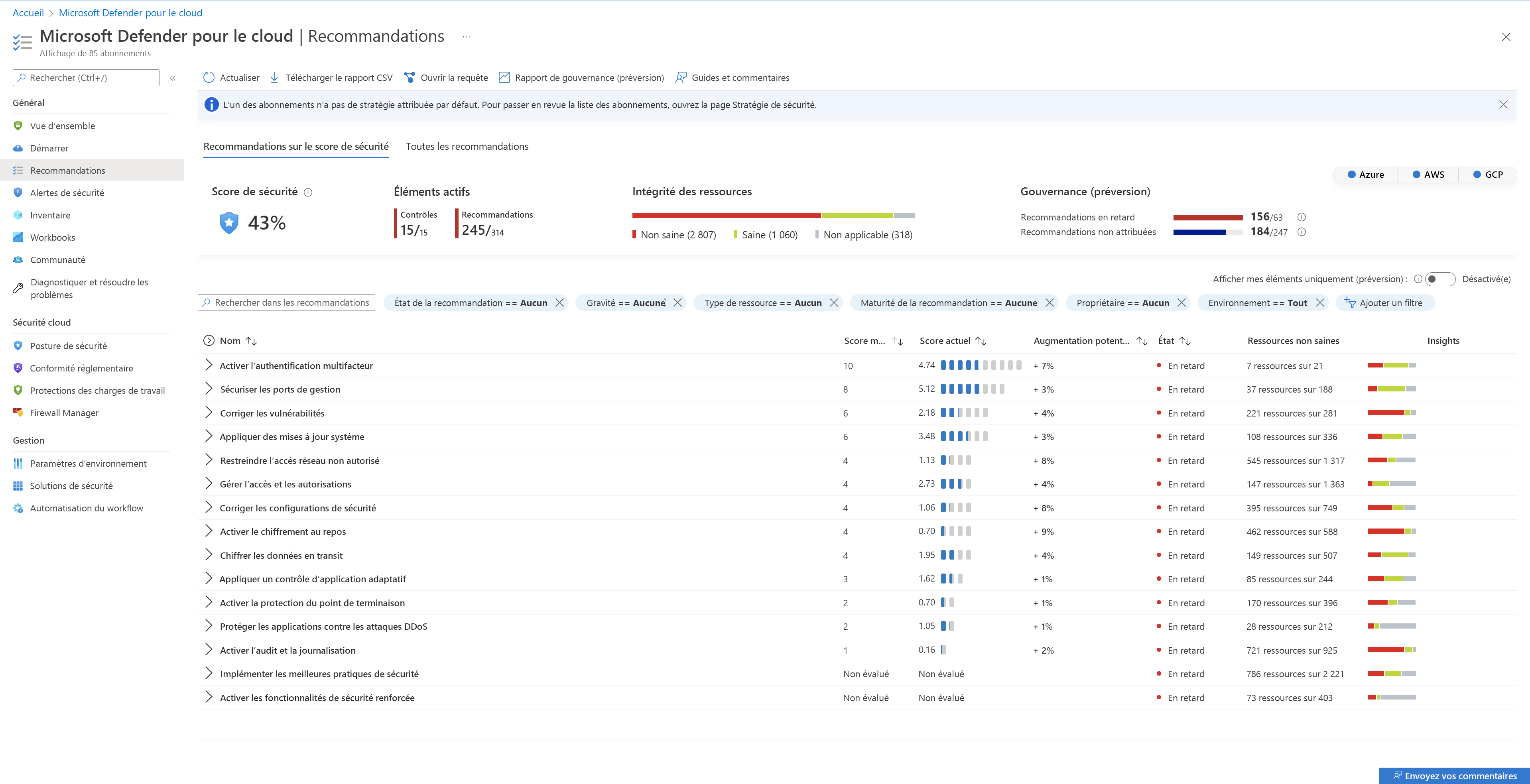 Capture d’écran montrant le niveau de sécurité global sur la page des recommandations.