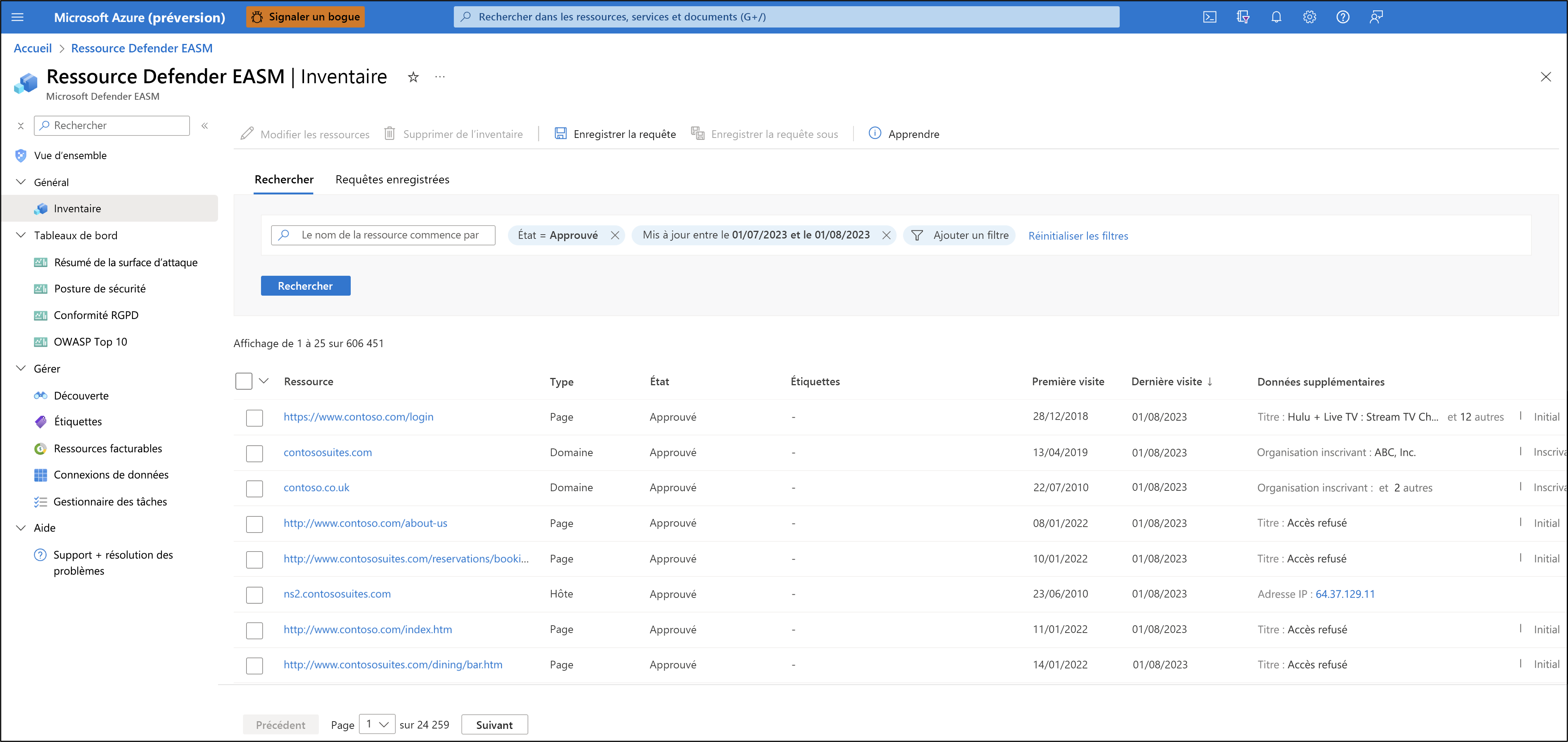 Capture d’écran montrant la page d’inventaire Microsoft Defender External Attack Surface Management.