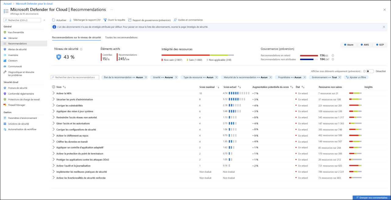 Capture d’écran de la page de suggestions Microsoft Defender pour le cloud.