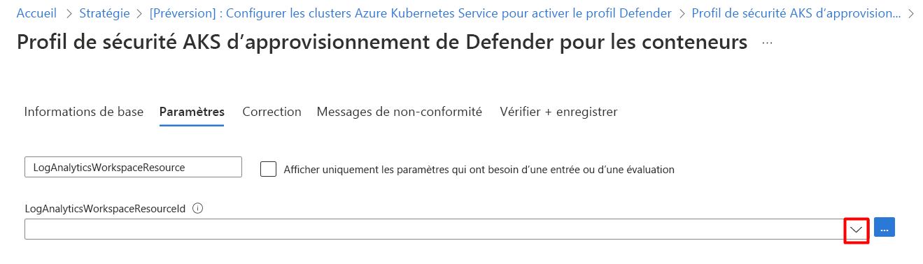 Capture d’écran montrant comment sélectionner un ID de ressource d’espace de travail Log Analytics.