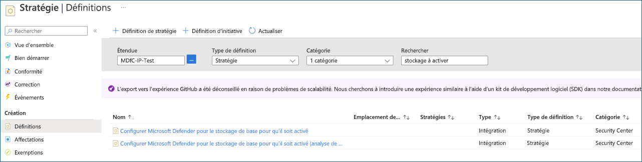 Capture d’écran montrant comment configurer et activer Microsoft Defender pour le stockage.