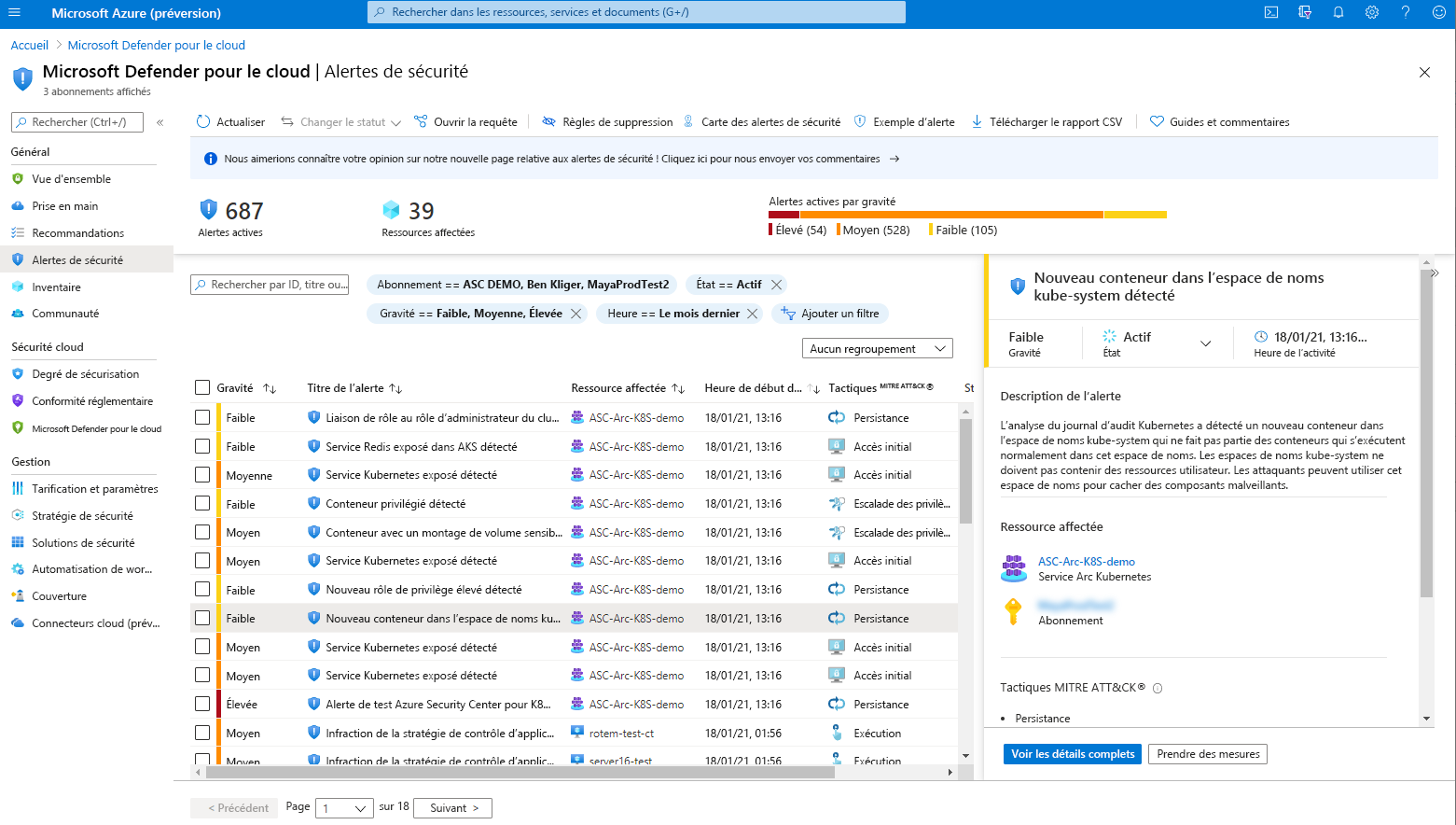 Capture d’écran illustrant la page des alertes de sécurité de Microsoft Defender pour le cloud.