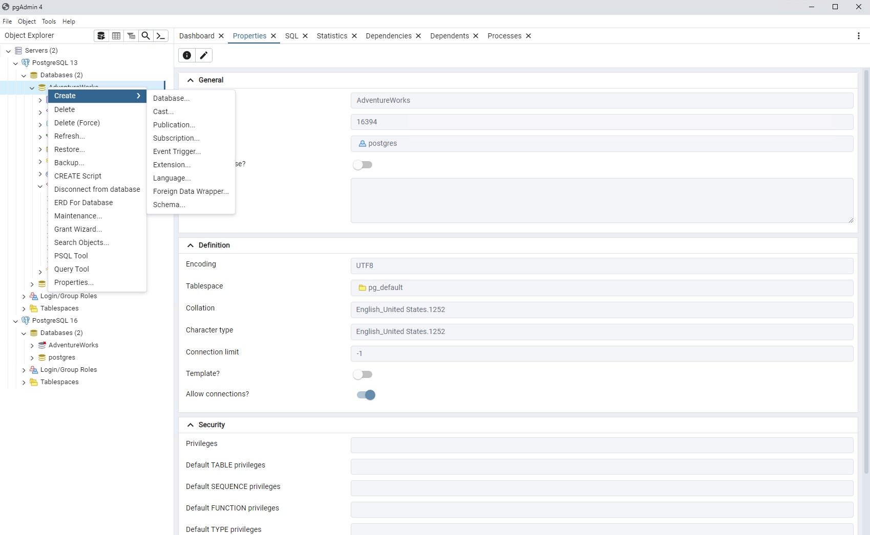 Capture d’écran de pgAdmin avec les menus montrant différentes options d’administration.