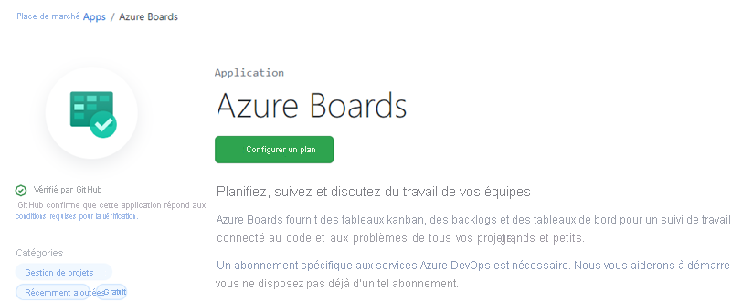 Capture d’écran de l’intégration de l’application Azure Boards.