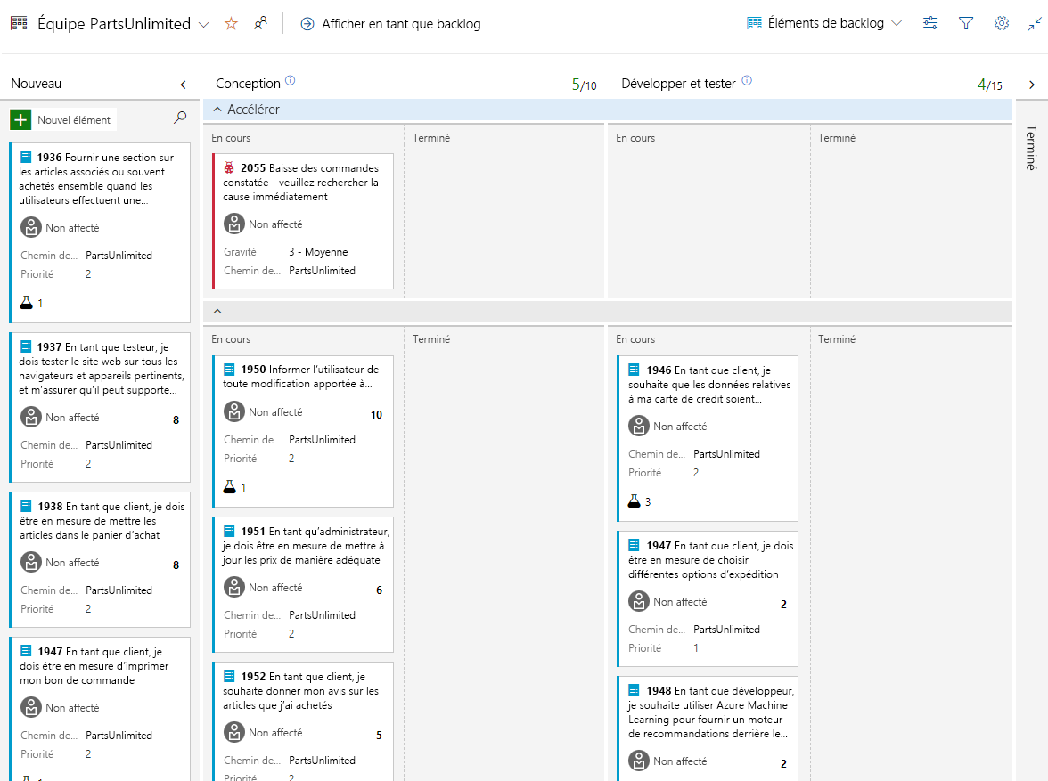 Capture d’écran des tableaux Kanban avec des éléments de travail.