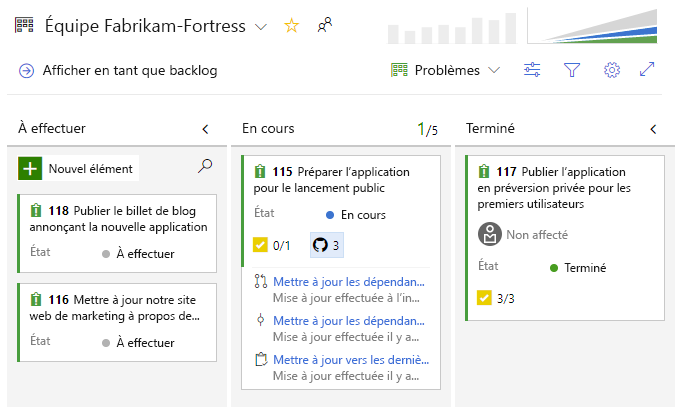 Capture d’écran de l’intégration de GitHub et d’Azure Boards.