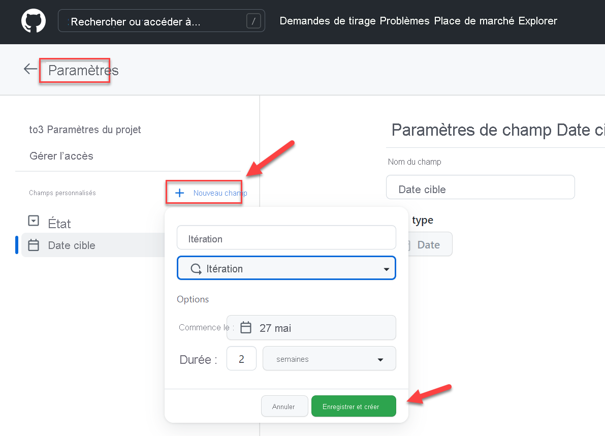 Capture d’écran des paramètres GitHub. Nouvelle création d’itération.