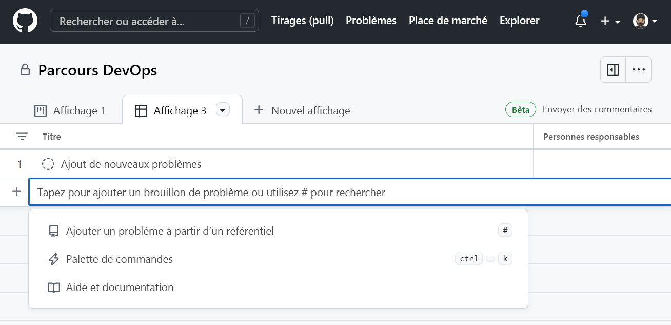 Capture d’écran de la liste des projets GitHub avec des tâches vides.