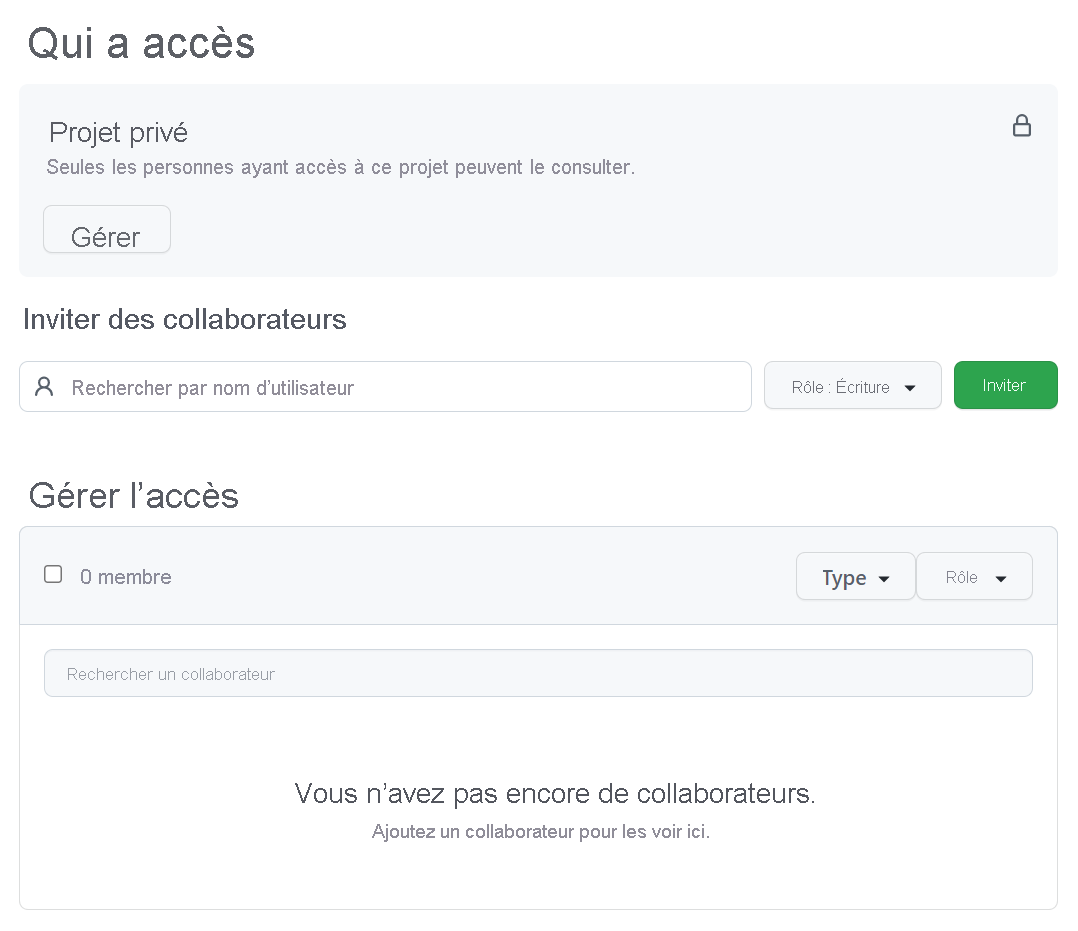 Capture d’écran des paramètres GitHub Projects gérant l’accès.