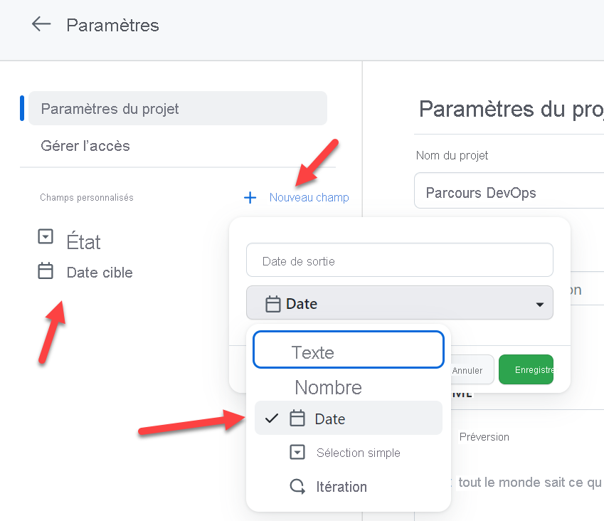 Capture d’écran des paramètres GitHub Projects pour créer des champs personnalisés.