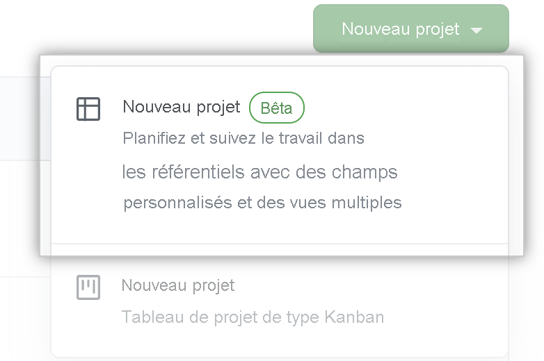 Capture d’écran de la fonctionnalité Nouveau projet GitHub (bêta).